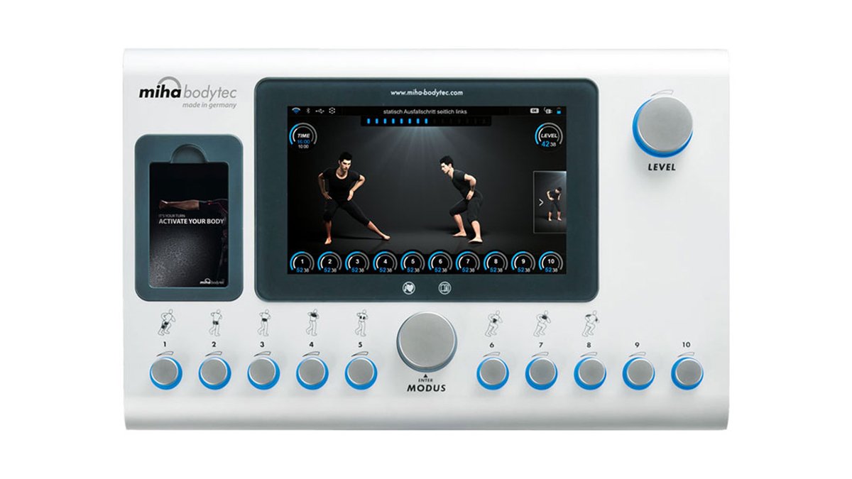 Het miha bodytec-apparaat waarmee de impulsen worden ingesteld